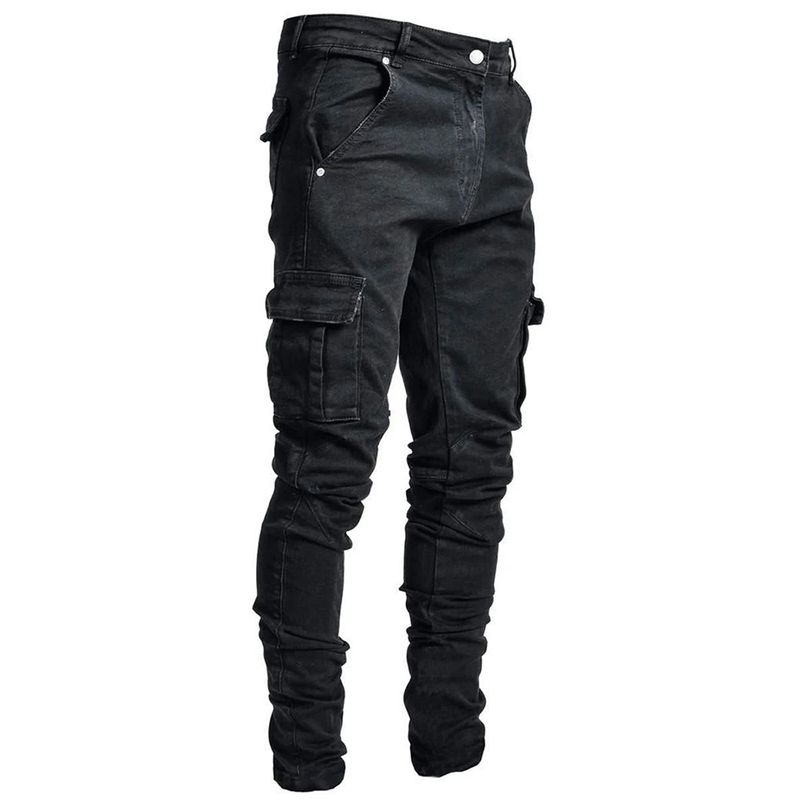 Straße Elastische Jeans Männer Denim Cargo Hosen Waschen Einfarbig Multi Taschen Casual Mittlere Taille Hose Slim Fit Täglichen Tragen Jogger_voghion.com