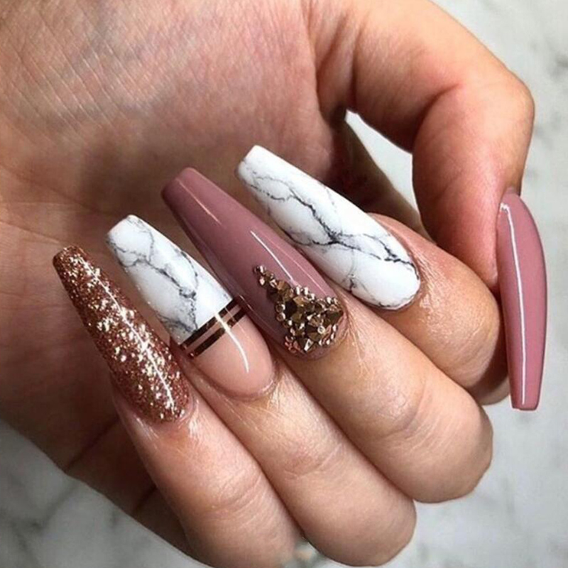 Coffin 24 Stück Französische Kunstnägel, rosa Glitzer, tragbare Ballerina-Kunstnägel, abnehmbar, zum Aufdrücken des Nagels, vollständige Abdeckung_voghion.com