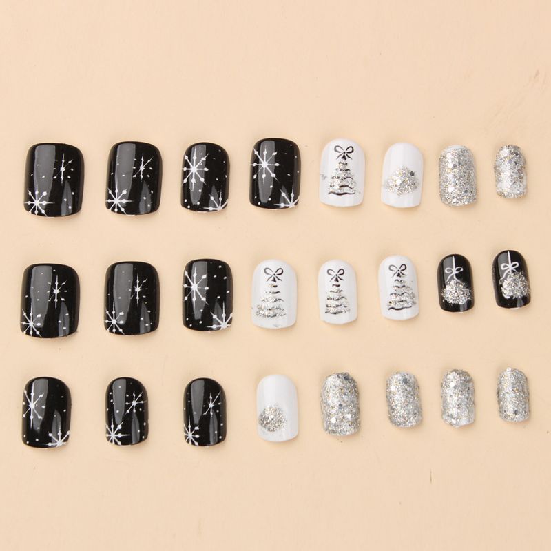 Unghie finte di alta qualità, design glitter grigio bianco e nero, quadrato corto, albero di Natale, fiocco di neve, ortensia, Natale, inverno, nail art, punte per unghie_voghion.com
