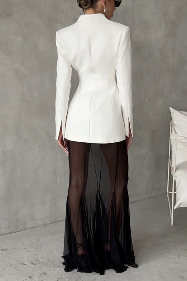 Damenbekleidung Langarm Satin Top Anzug Lose Stretch Garn Mesh Rock Zweiteiliges Set_voghion.com