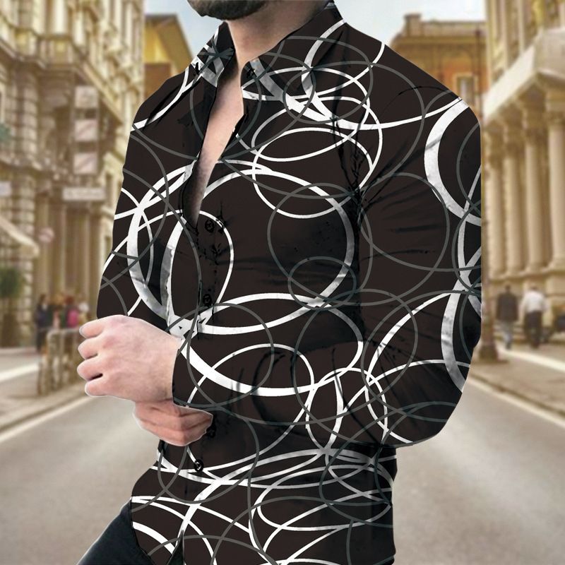 Camicie a maniche lunghe stampate con geometrie per il tempo libero, primavera e autunno 2024, di qualità imbattibile, da uomo_voghion.com