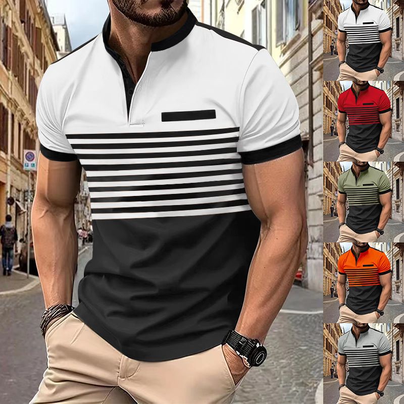 Polo da uomo a righe stampate con cerniera in saldo estivo 2024_voghion.com