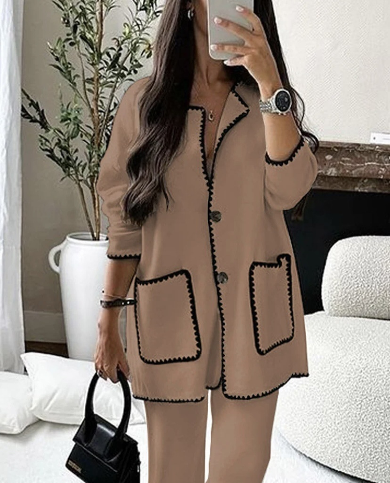 Ensemble deux pièces décontracté et ample de couleur unie pour femme_voghion.com