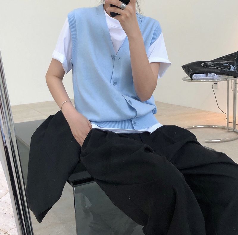 Women's Clothing Spring New Korean INS Simple Fashionable V-Neck Knitted Vest Cardigan Casual Loose Slimming Sleeveless Top For_voghion.com