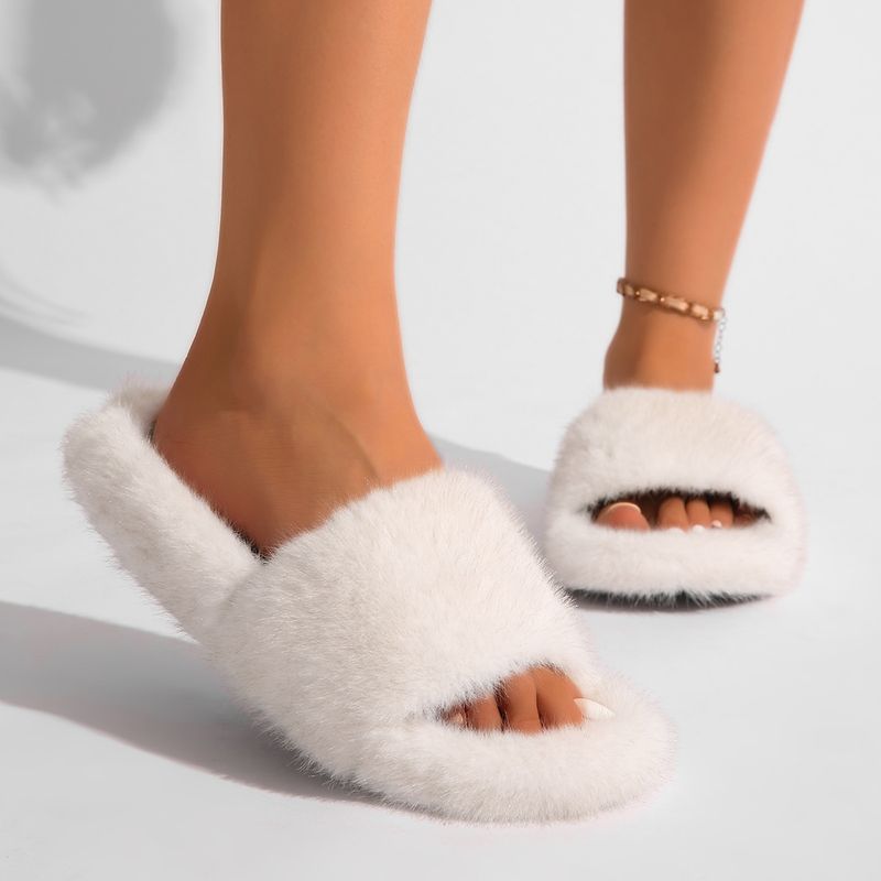Y2K Punk Style Faux Fur Slippers - Cozy PVC Indoor Slides For Women & Men, Soft Plush Home Shoes, Trendy Gothic Fashion Footwear_voghion.com