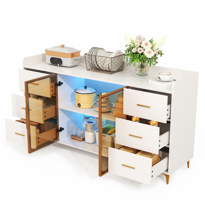 Küchenschrank Weiß 160x87cm, 6 Schubladen, Glastüren, LED-Beleuchtung, Goldgriffe_voghion.com