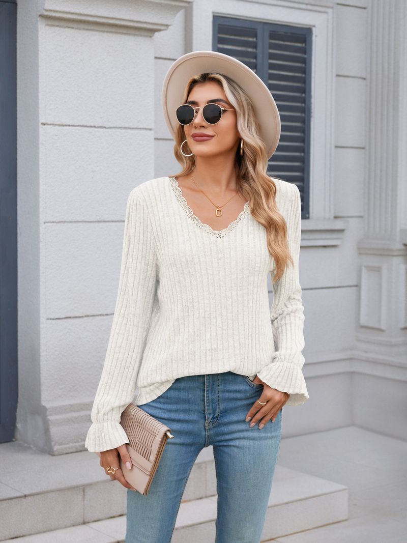 Top casual da donna con scollo a V e maniche a balza - Camicia a maniche lunghe in morbido misto cotone spazzolato a righe per l'uso quotidiano_voghion.com