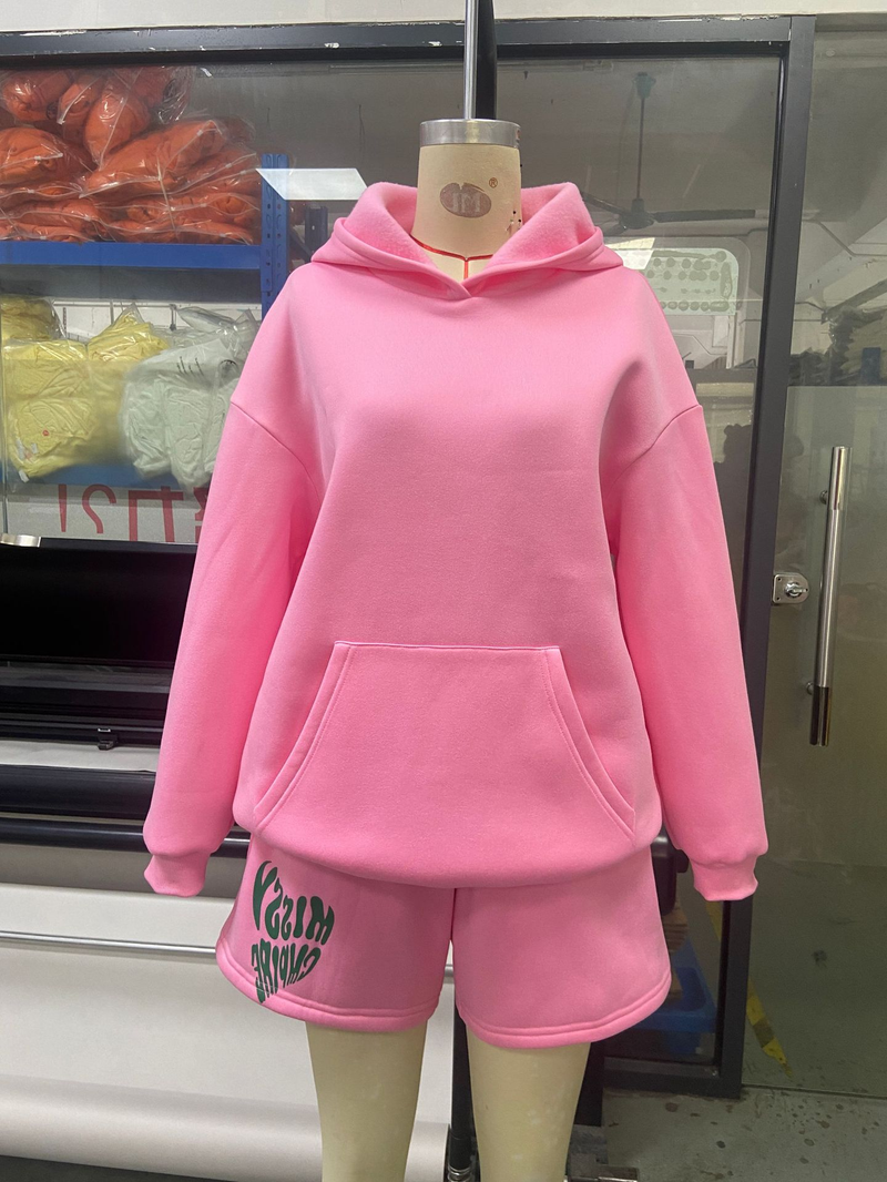 Spring Autumn Printed Long Sleeve Hooded Sweatshirt And Shorts Two-Piece Set For Women_voghion.com