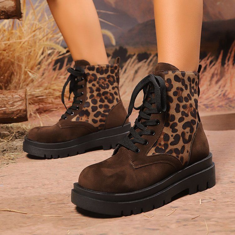 Fashionable Women's Chunky Sole Round Toe Ankle Boots With Leopard Print & Lace-Up Design - Comfortable Mid Heel Boots_voghion.com