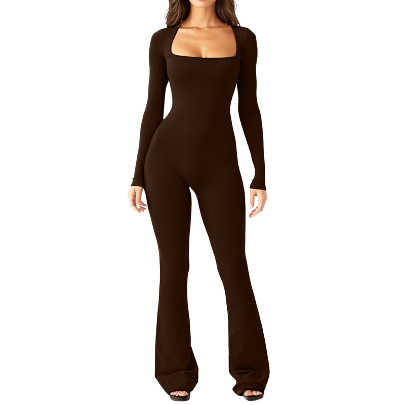 Women's long-sleeved tummy-controlling waist-raising hip-raising square-neck wide-leg high-elastic jumpsuit_voghion.com