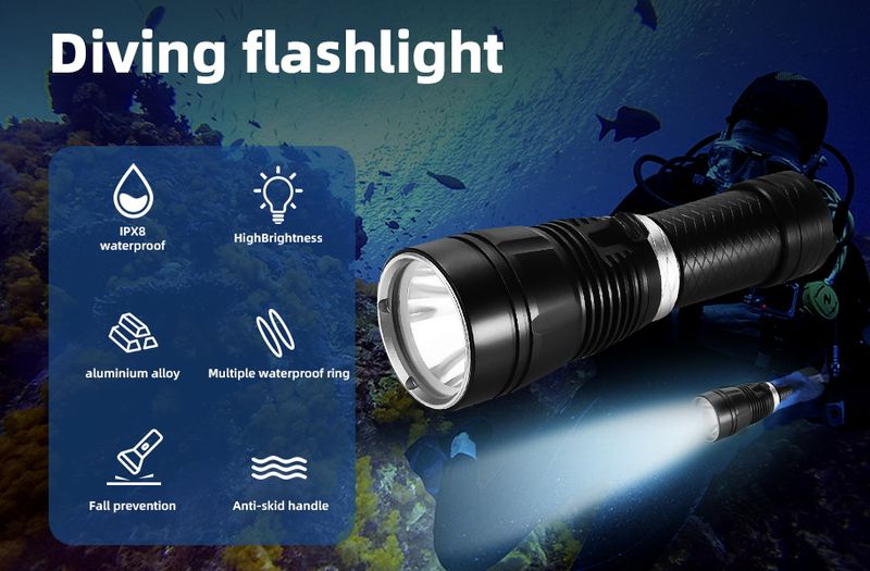 Tauchtaschenlampe T6 Starkes Licht Tiefsee-Fülllicht Magnetische Steuerung Wasserdichte Taschenlampe mit großer Reichweite aus Aluminiumlegierung 26650_voghion.com