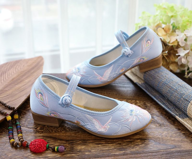 Holzsohle Quadratisch gemustert Besticktes Tuch Damen Flachmund Tanzschuhe Modische Spitzschuh_voghion.com