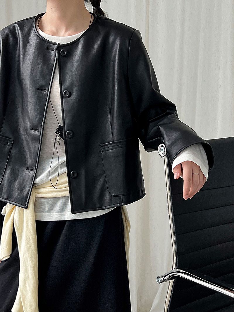 Dames slim fit PU leren jas met enkele knoopsluiting - Koreaanse stijl cropped bikerjack voor de herfst, casual en veelzijdige bovenkleding_voghion.com