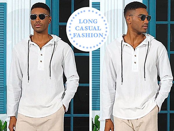 Lente en herfst lang mouwen linnen overhemd heren capuchon casual losse T-shirt trui heren_voghion.com