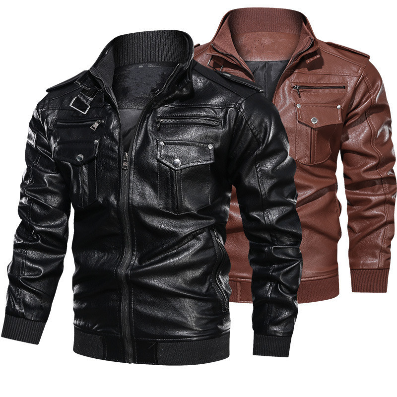Herrenbekleidung Herren Vintage Washed PU Lederjacke - Retro Biker Style Mantel (Braun/Schwarz, S-3XL)_voghion.com
