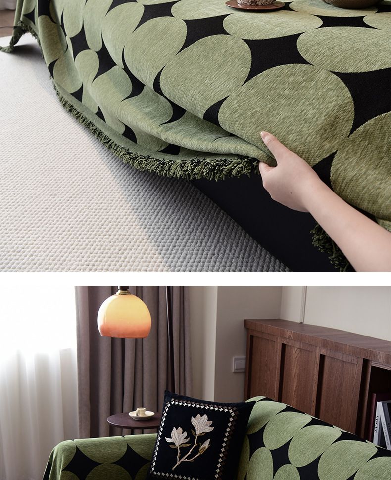 Housse de canapé en chenille d'inspiration vintage avec pompons - Motifs géométriques et abstraits - Tissu doux et résistant - Convient aux canapés 2 à 4 places - Style nordique_voghion.com