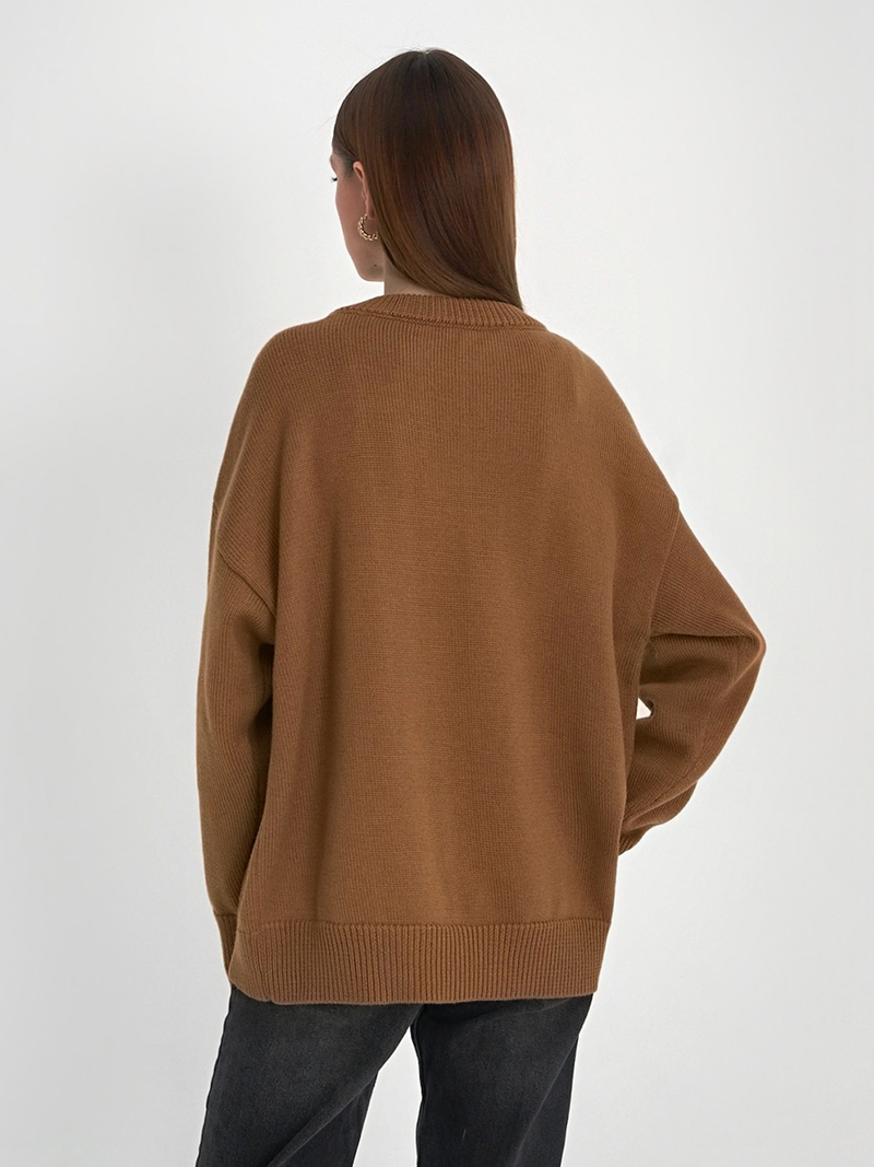 Solid color round neck sweater autumn and winter new temperament commuting versatile casual round neck knitted sweater_voghion.com