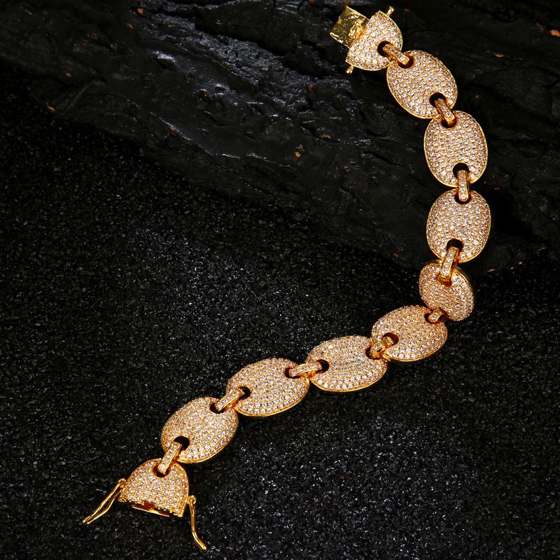Bracciale hip-hop alla moda da uomo con bottone traforato e micro intarsi, catena placcata oro a forma di chicco di caffè, gioielli di lusso_voghion.com