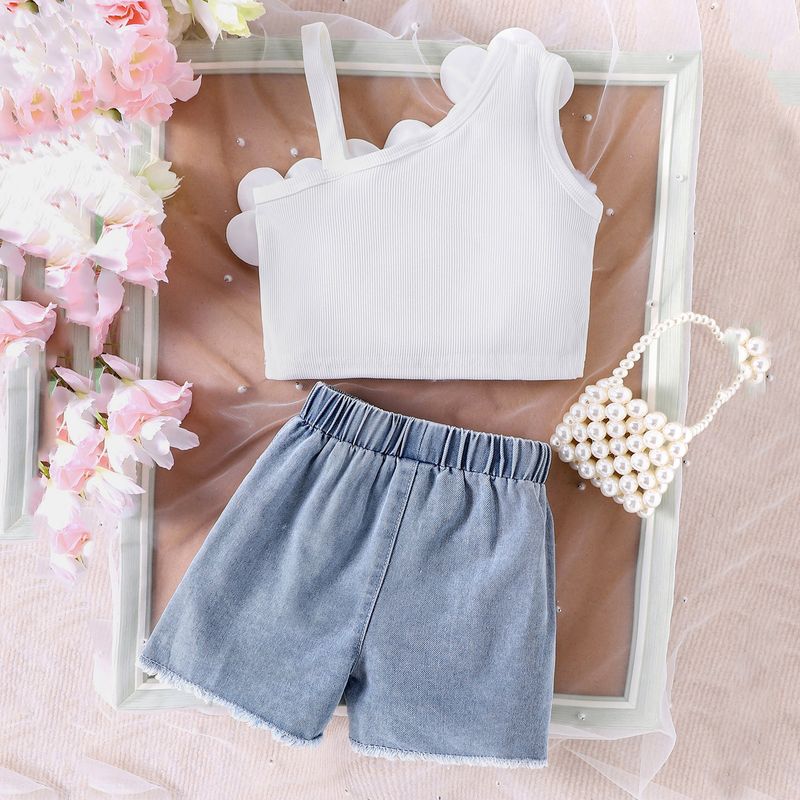 Kinderkleding Zomer Schuine Schouder Jarretel Driedimensionale Bloemen Vest Gescheurde Denim Shorts Tweedelige Set_voghion.com