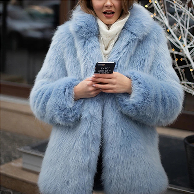 Dammode blå flockad långärmad pälsjacka rävpäls_voghion.com