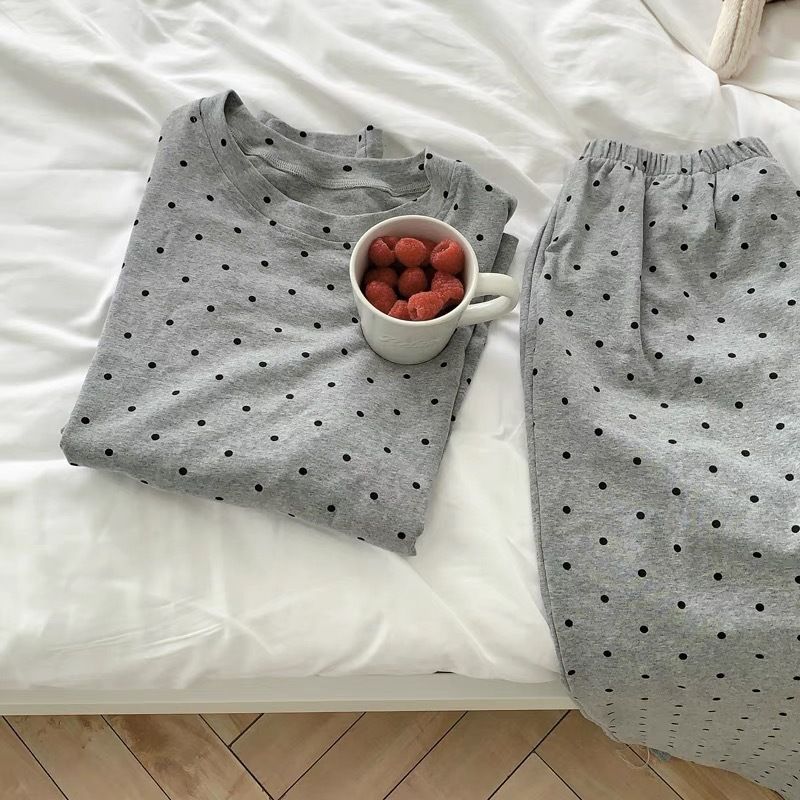 High quality cotton spring autumn ins style pajamas for women, loose and casual round neck polka dot set, long_voghion.com