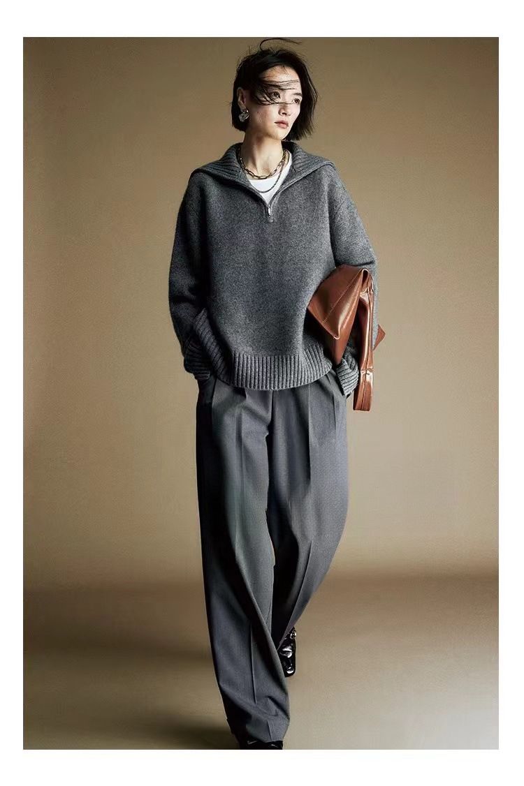 25 Autumn Winter Lazy Wool Women Half Zipper Turn-down Collar Sweater New Thickened Niche Knitted Top Loose Fit_voghion.com