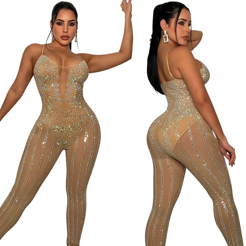 Dameklær Mote Nattklubb Mesh Hot Diamond Perspective Suspender Jumpsuit Dameklær_voghion.com