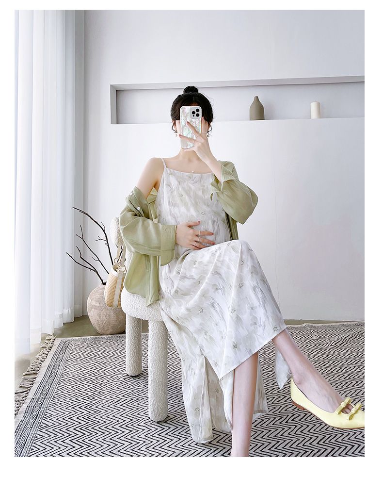 Completo da donna incinta, abito in chiffon con gonna e bretelle, camicia in tencel, abbigliamento con protezione solare, set due pezzi primaverile_voghion.com