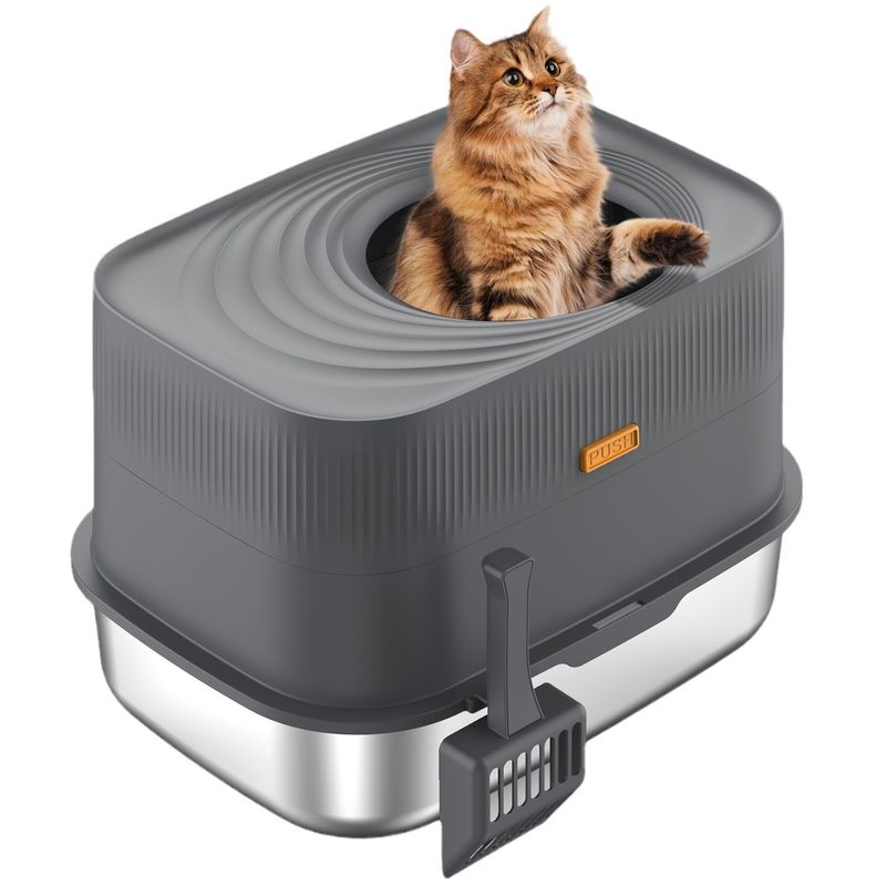 Top-Entry Stainless Steel Large Cat Litter Box Fully Enclosed Odor-Proof_voghion.com