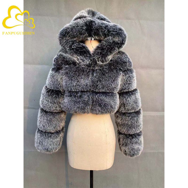 Damenbekleidung Neuer Herbst- und Wintermantel mit kurzem Pelz und Kapuze, Fuchspelz, Spleißen, kurzer, langärmeliger Damenmantel_voghion.com