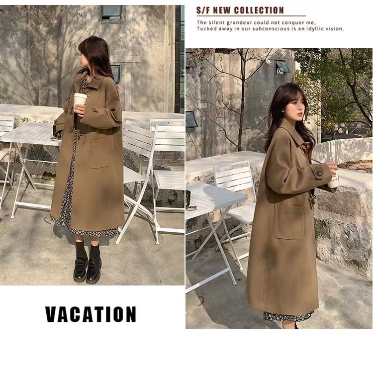 Women's woolen coat with horn buckle, autumn and winter 2023 New woolen coat, small mid-length Hepburn trendy_voghion.com