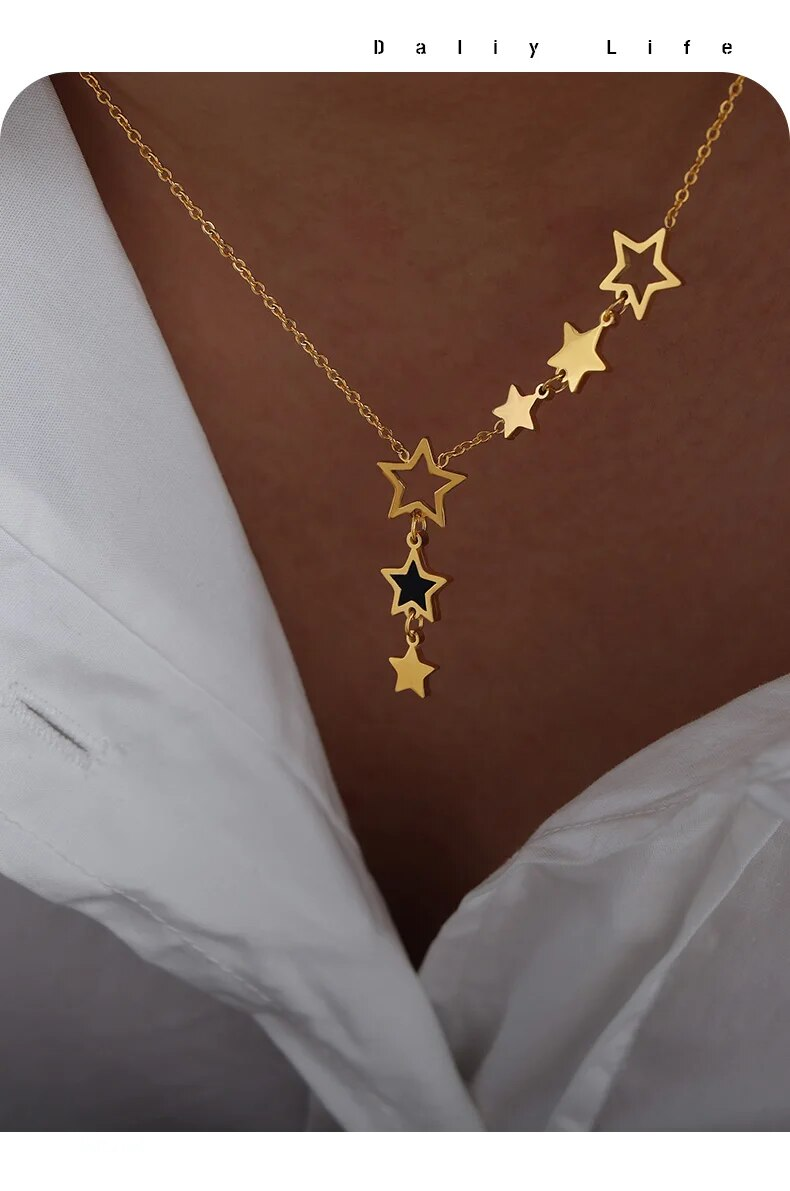 Neu in Stern-Anhänger-Halskette für Frauen Edelstahl vergoldet Kette schwarz Acryl Modeschmuck Freundin Geschenk Großhandel_voghion.com