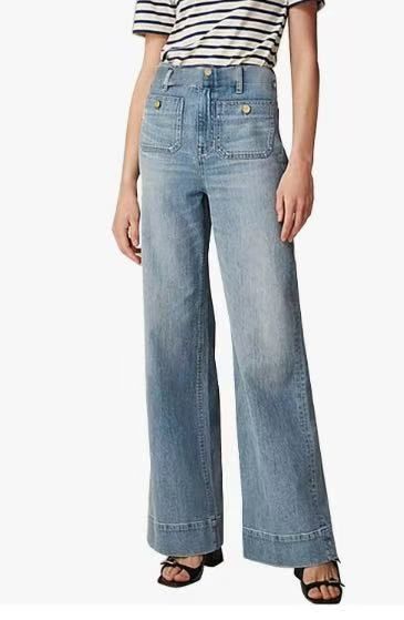 Calça jeans feminina de cintura alta e perna larga – Calça jeans com lavagem elástica e vários bolsos (azul escuro, azul claro, preto, branco, azul médio) – XS a 3XL_voghion.com