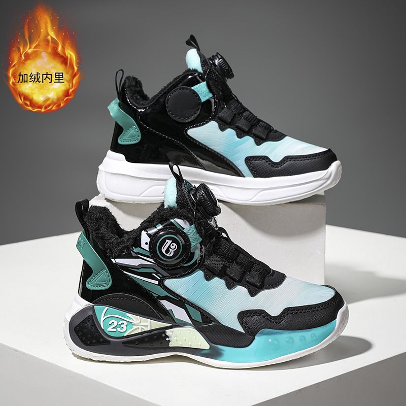 Children's Basketball Boys Autumn Winter New Leather Lined Cotton Sports Big Kids Twist Button Running Shoes_voghion.com
