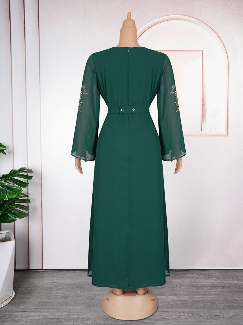 Elegantes Langarm-Maxikleid mit Strassverzierung, schlichtes muslimisches Abendkleid für Damen, A-Linien-Abendkleid in Übergröße (Grün/Violett/Schwarz)_voghion.com