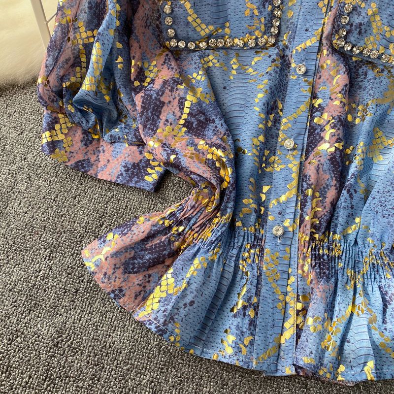 Women's Clothing Short Sleeve Diamond Lapel Waist Snake Print Chiffon Shirt Women's Short Top Summer_voghion.com