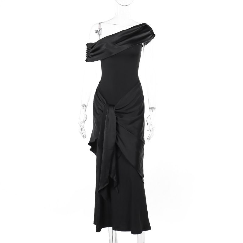 One-Shoulder Mesh Slit Evening Dress – High-Low Hem, Bodycon Silhouette, Stretchy Polyester Blend (XS-XXL, Black/Red, Club To Gala Wear)_voghion.com