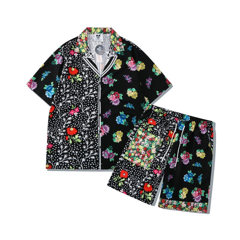 Roupas masculinas high street floral camisa terno retro floral impressão completa posicionamento camisa casual cardigan shorts combinando masculino_voghion.com