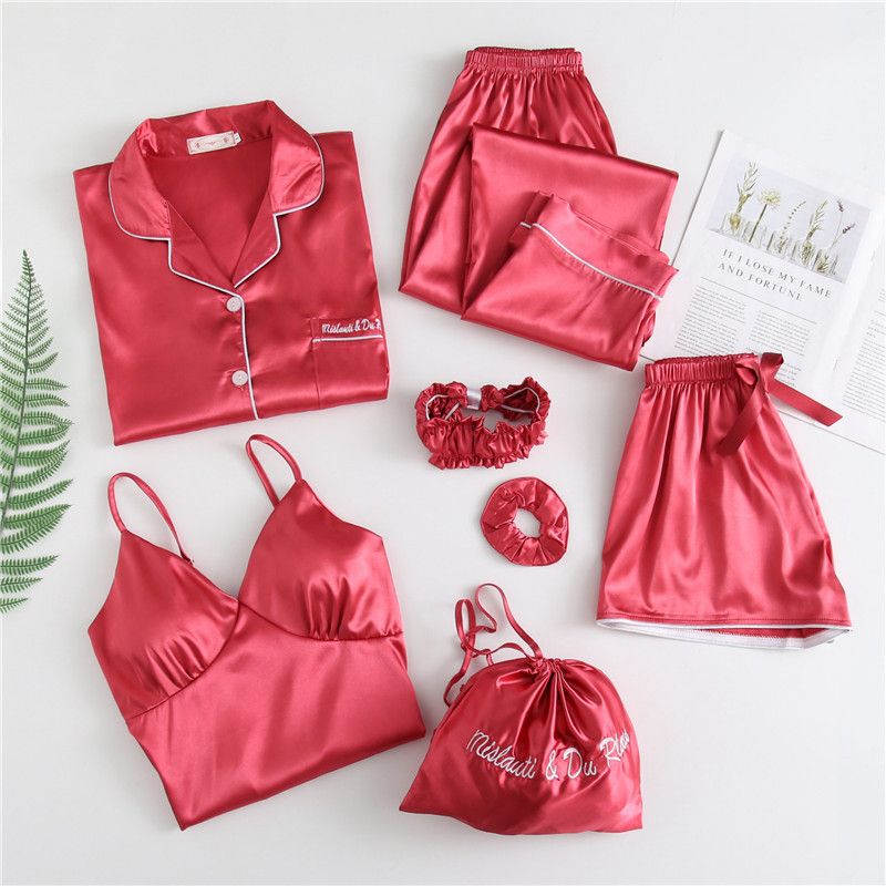 Women's Sleepwears Spring And Autumn Summer Solid Color Simulation Ice Silk Seven Piece Suit Pajamas Ladies Casual Sweet Sling Chest Pad Home Clothes_voghion.com