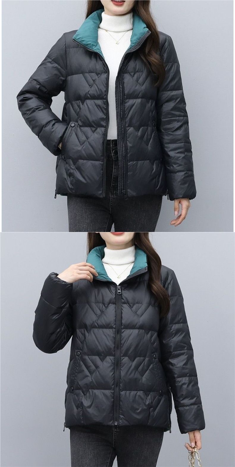 Cappotto imbottito alla moda da donna con collo alto - Vestibilità aderente, caldo ed elegante, versatile per autunno e inverno (nero/rosso/viola)_voghion.com