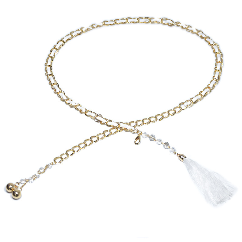 Accessori per abiti da donna con catena in metallo, ciondolo, nappa e cintura sottile da donna con strass intarsiati_voghion.com