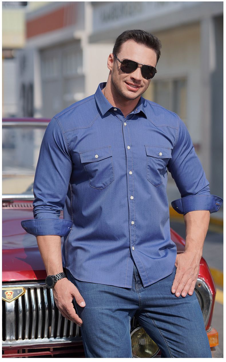 Herrenbekleidung Elastisches Denim Langarmhemd Fat Guy Frühling und Herbst Neue Freizeitmode Multi Pocket Shirt_voghion.com