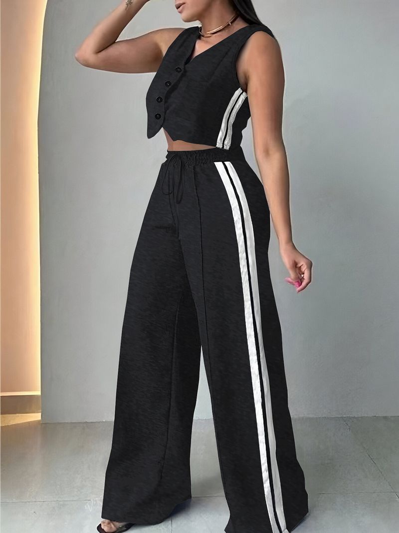 Ensemble deux pièces long et décontracté pour femme, couleur unie, sans manches, avec poches_voghion.com