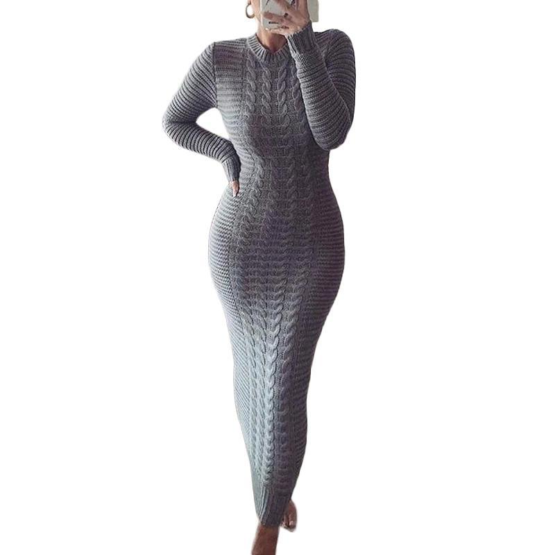 Damenmode-Twist-Wollkleid mit langen Ärmeln_voghion.com