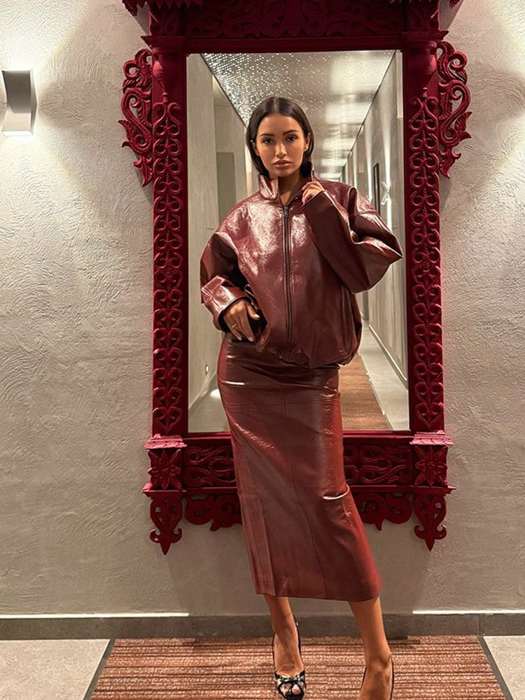 Hochglänzendes PU-Lederjacken- und Rockset, Stehkragen-Biker-Outfit mit Reißverschluss, Streetwear-Zweiteiler (Rot/Grün/Braun, S/M/L)_voghion.com
