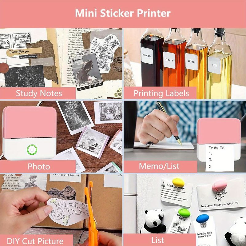 Mini printeris, pārnēsājams uzlīmju termoprinteris, beztintes kabatas fotoprinteris, mācību printeris attēliem, fotoattēliem, žurnāliem, DIY_voghion.com