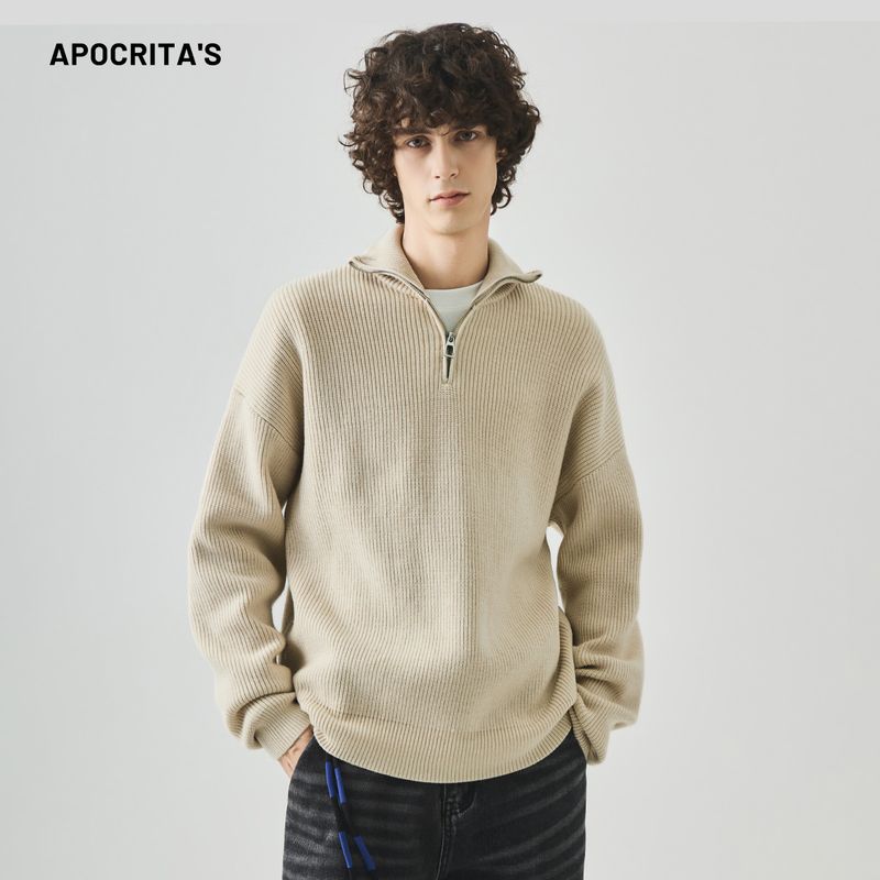 APO Kleidung | Herren Rollkragenpullover im Old Money Style Koreanische Version Lockerer Halbreißverschluss Langarm Strickoberteil Herbst_voghion.com