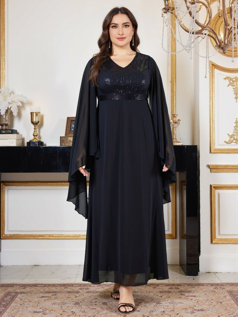 Elegante abito da sera taglie forti con scollo a V profondo e perline - Abito a trapezio con maniche lunghe per feste, balli di fine anno e occasioni speciali (nero, 0XL-4XL)_voghion.com