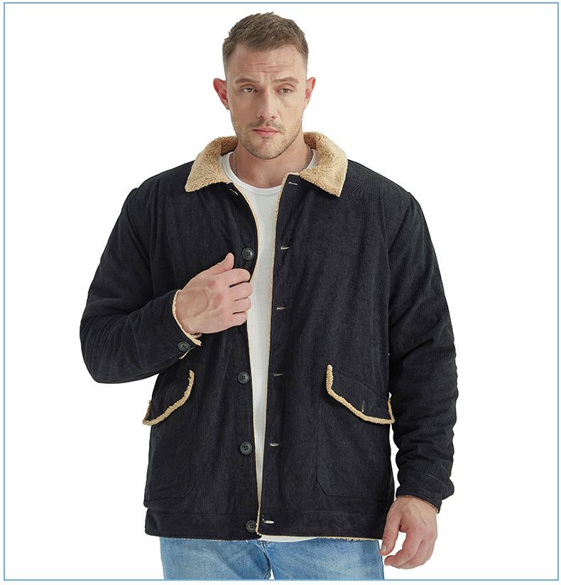 "Herrenjacke aus Cord und Lammfell mit Revers – Plüschiger, dicker Mantel in großer Größe (Schwarz/Grün/Hellbraun, S-XXL)"_voghion.com