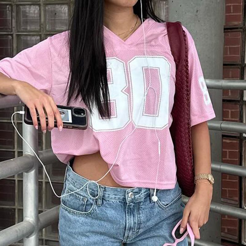 Abbigliamento da donna, stile street style, stile hottie, maglietta oversize con stampa di lettere, maniche corte, scollo a V, ampia e sottile, basic_voghion.com